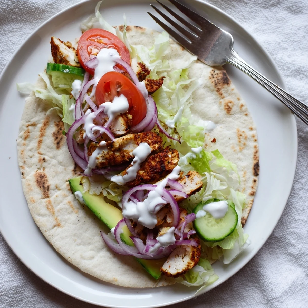Protein-packed cottage cheese flatbread wrap featuring juicy seasoned chicken strips and crisp red onion cucumber