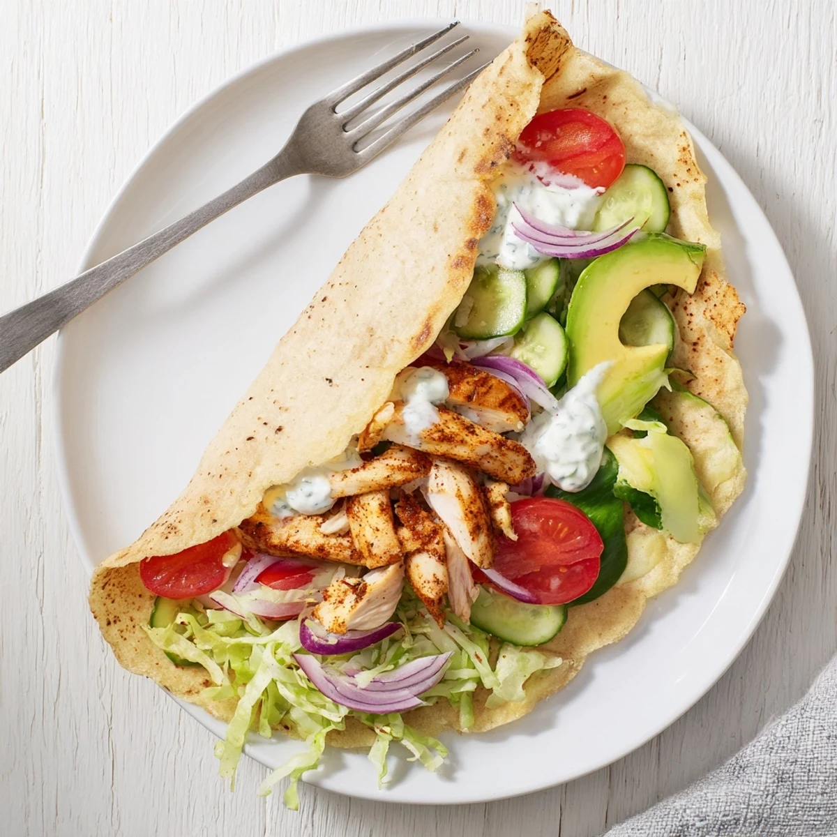 Crispy high protein flatbread chicken wrap filled with colorful vegetables and creamy Greek yogurt dressing