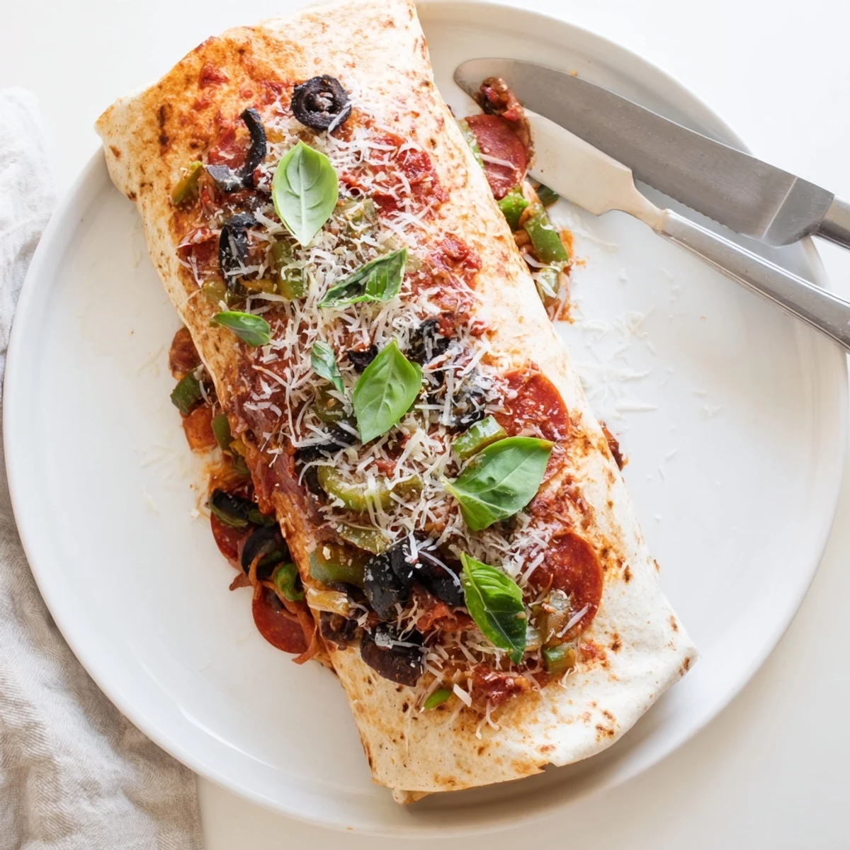 Golden oven baked pizza burritos stuffed with melty mozzarella and pepperoni on a white plate