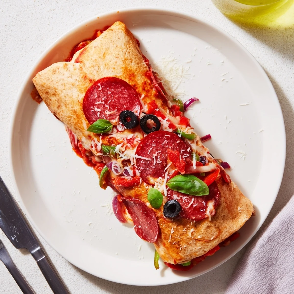 Pizza burritos with flaky golden tortillas overflowing with pepperoni olives and gooey mozzarella cheese