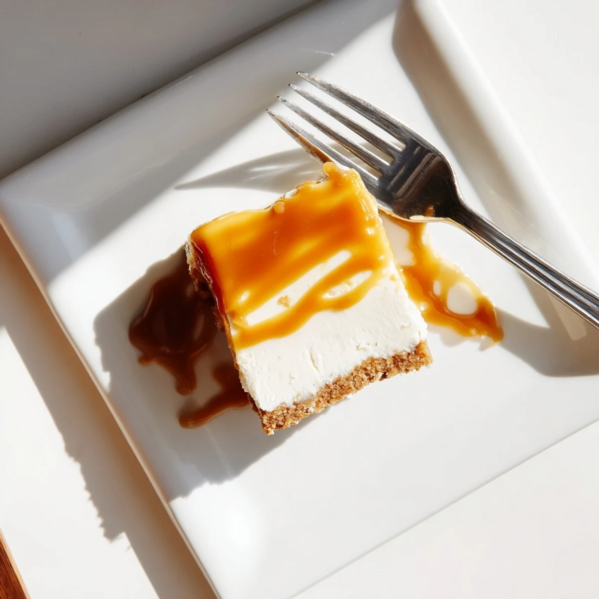Golden caramel dripping over rich creamy caramel cheesecake bars on graham cracker crust