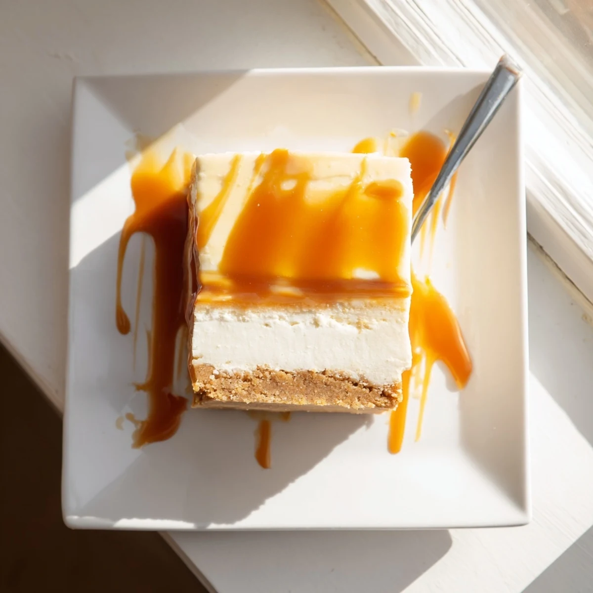 Slice of caramel cheesecake bar showcasing smooth layers and glossy amber caramel topping