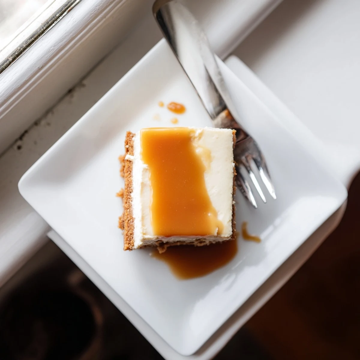 Square caramel cheesecake bars arranged on white plate with buttery crust visible beneath