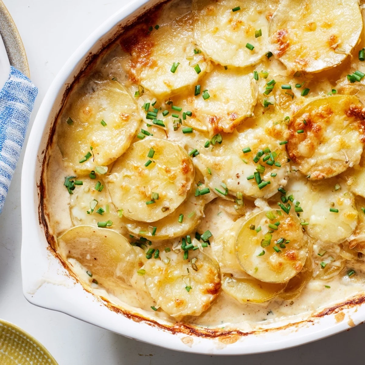 French-inspired cheesy potatoes au gratin served hot with a crispy golden cheese topping