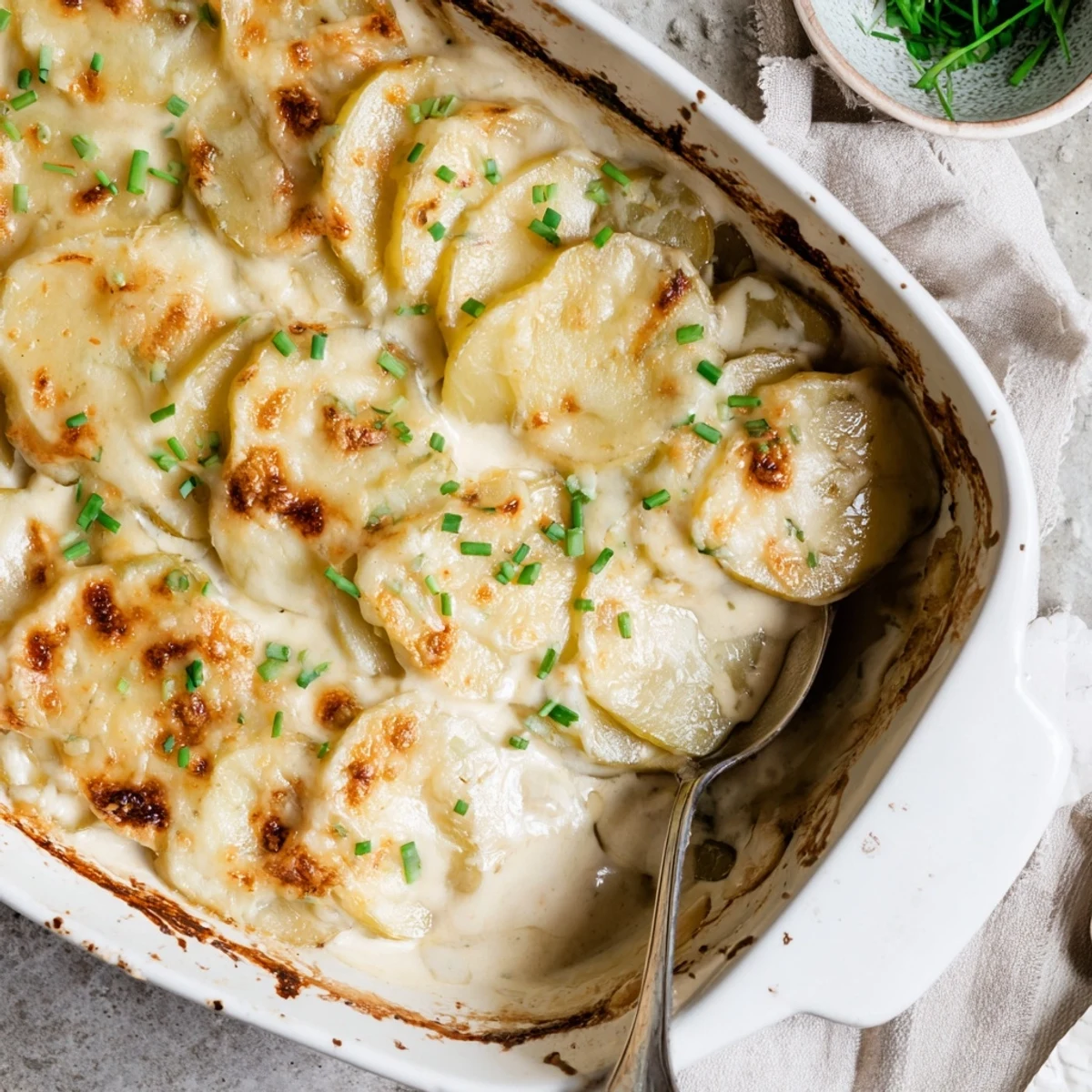 Tender sliced Yukon Gold potatoes layered with Gruyère baked until golden and bubbling