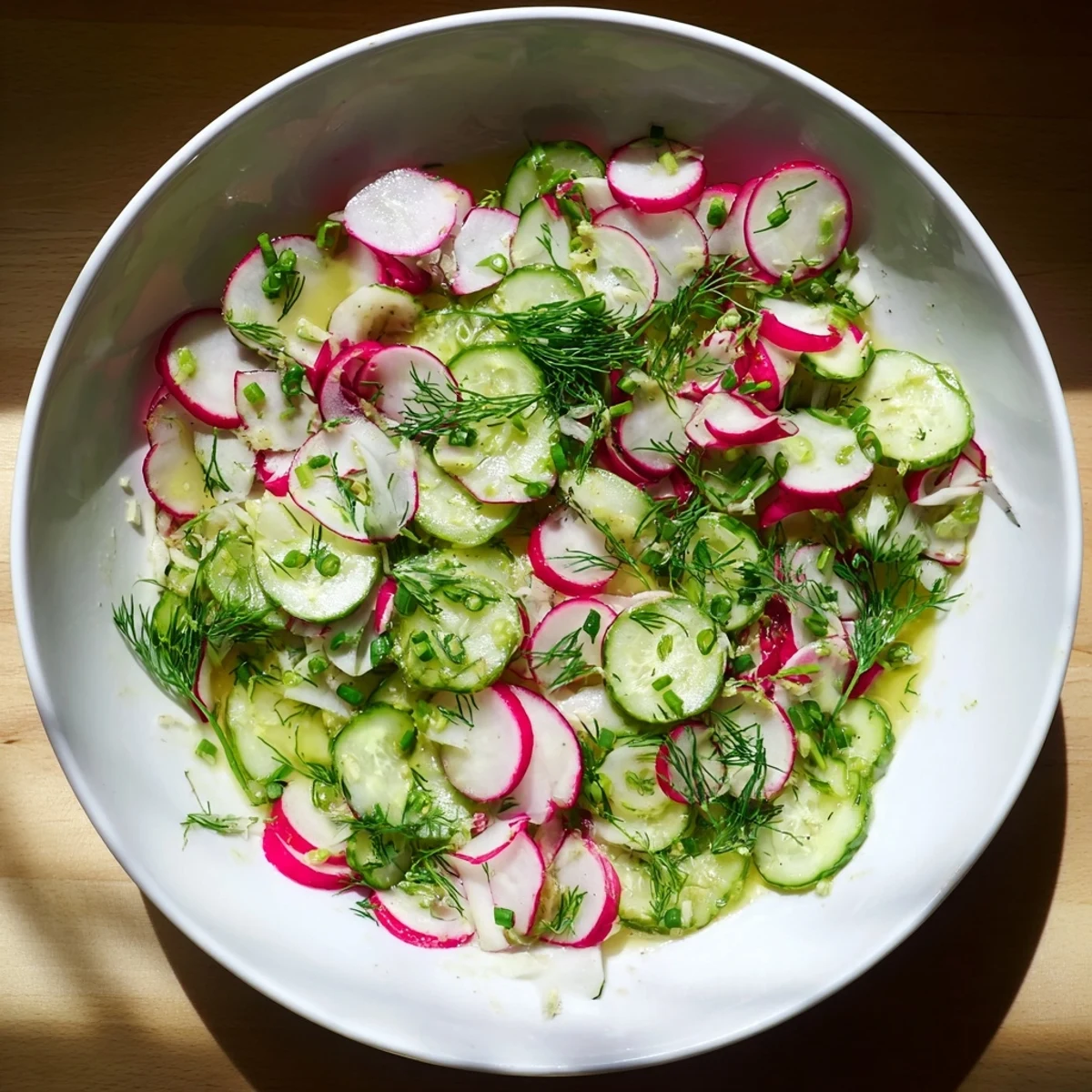 Fresh radish and cucumber salad tossed with chopped dill and tangy lemon dressing in a white serving bowl