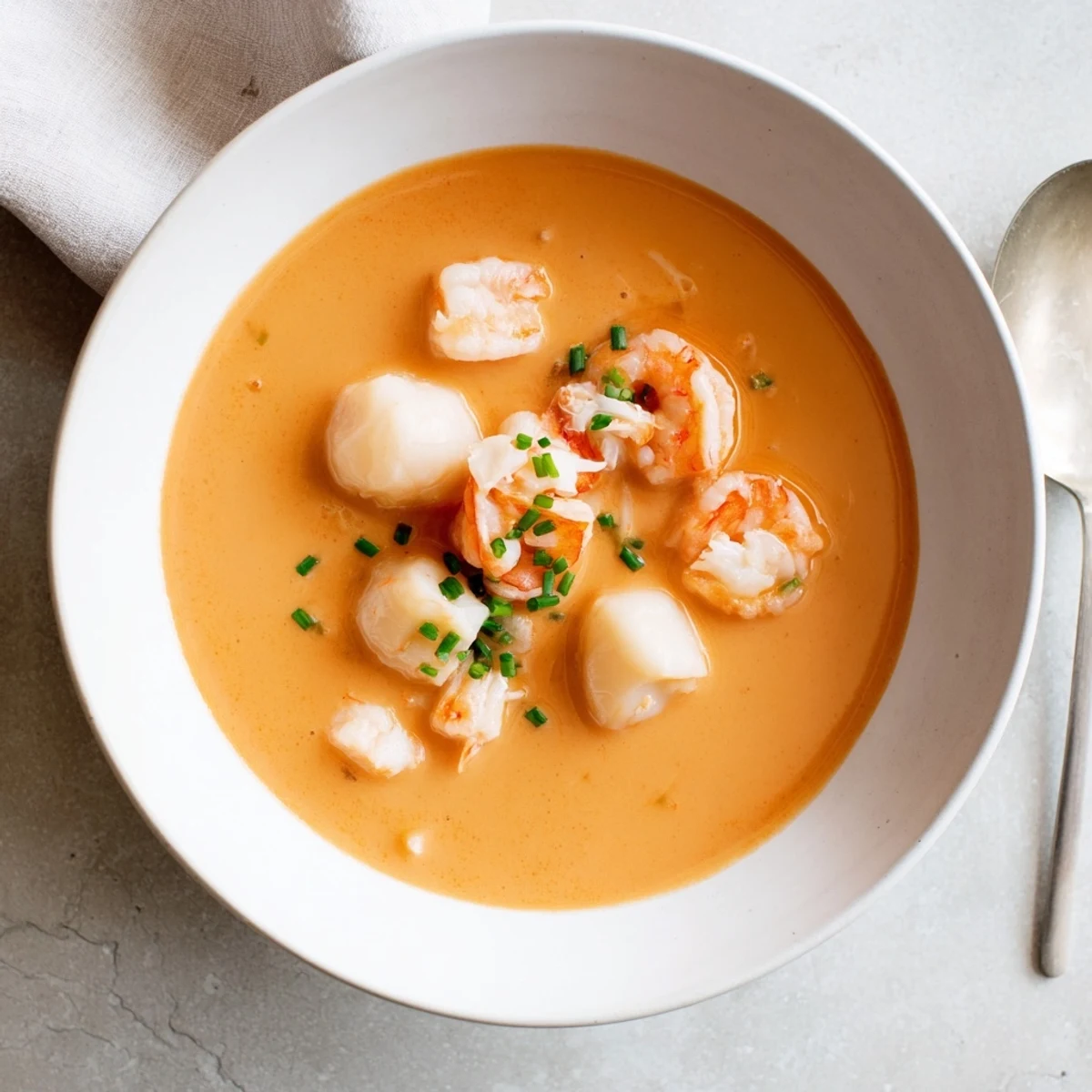 Creamy seafood bisque garnished with fresh chives, featuring tender shrimp, scallops, and lump crab in a rich red-hued broth