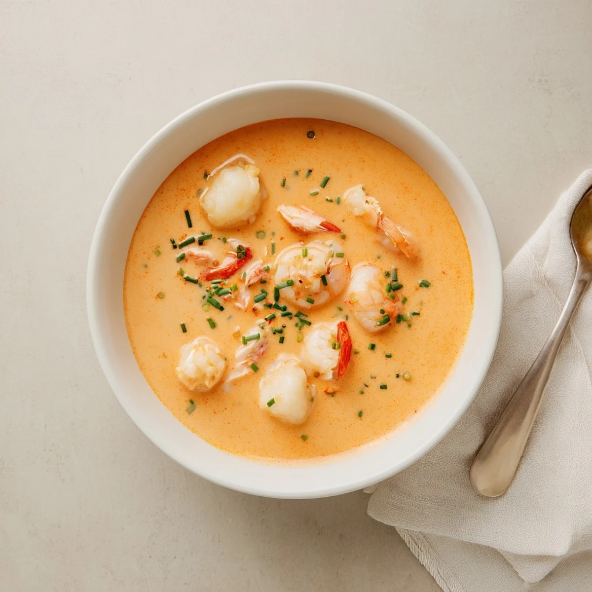 Elegant seafood bisque served hot with chopped parsley, showcasing succulent crab meat and shrimp in a deep orange creamy base