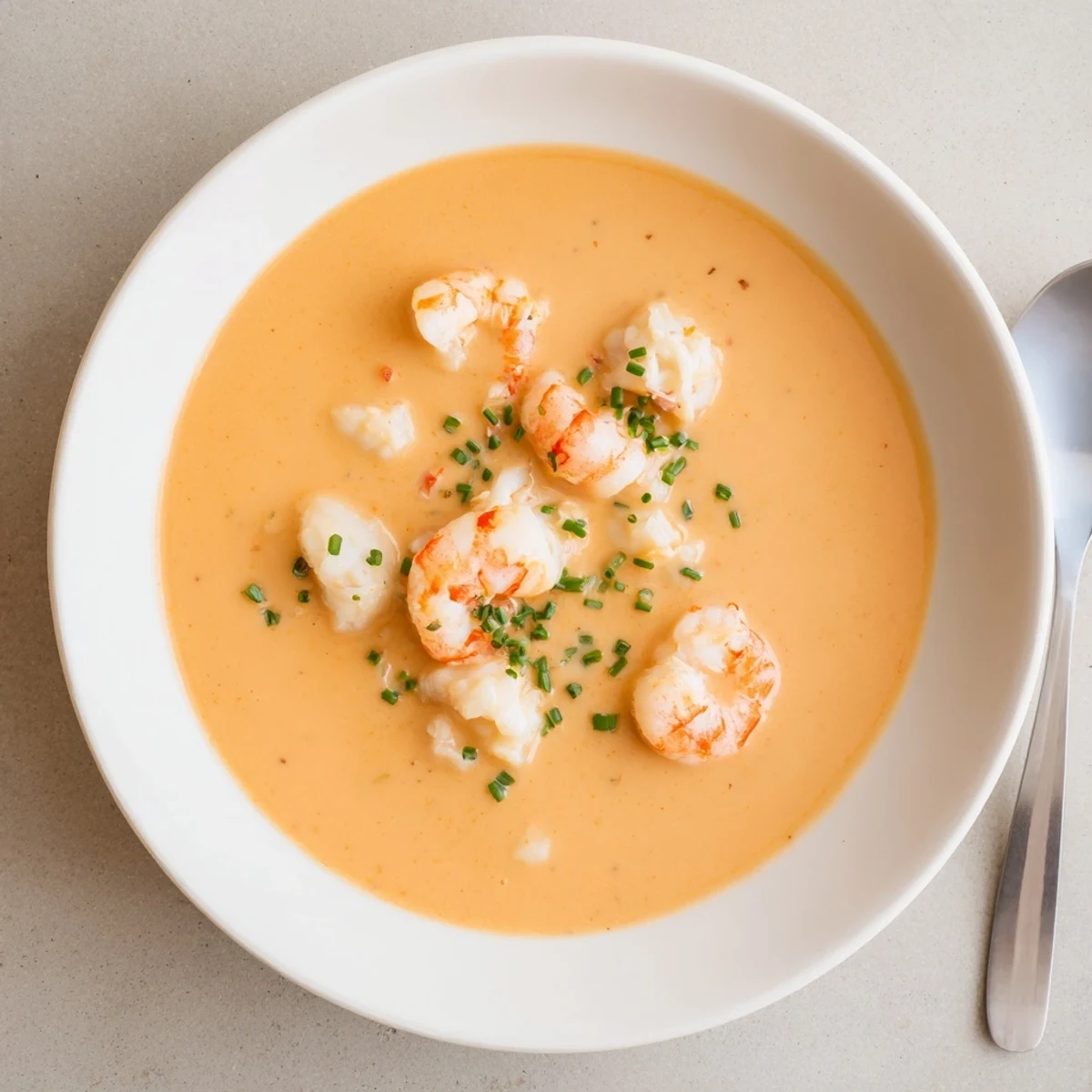 Bowl of classic French seafood bisque with plump shrimp and scallops swimming in smooth velvety tomato-cream soup