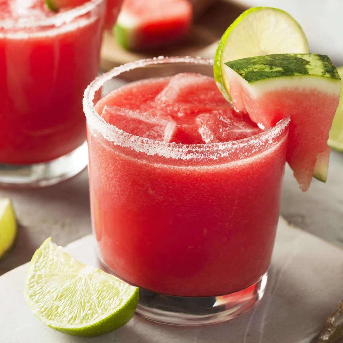 Pink watermelon margarita mocktail garnished with fresh lime wedges and watermelon slices on ice