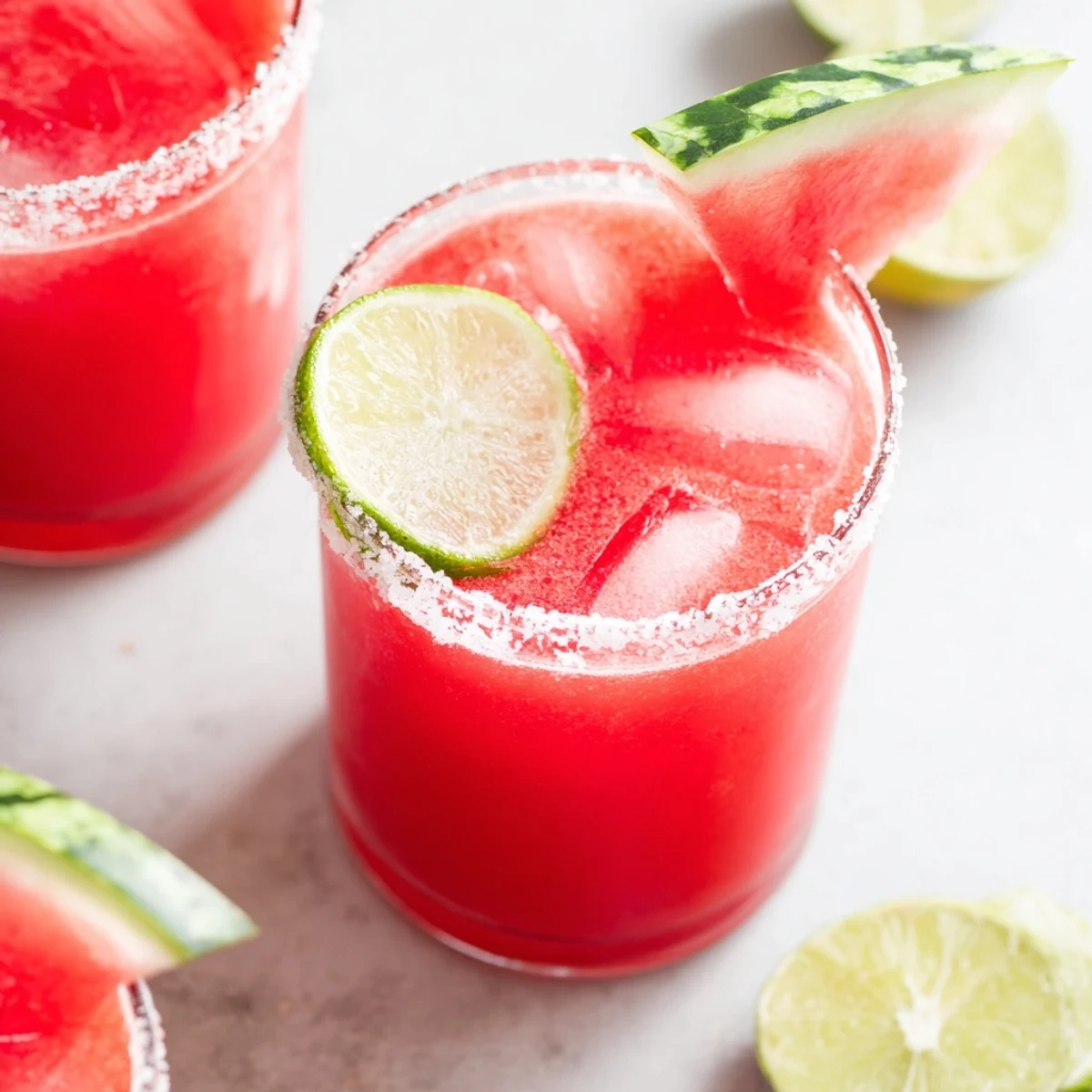 Rimmed glass of refreshing watermelon margarita mocktail with salt or sugar and citrus garnish