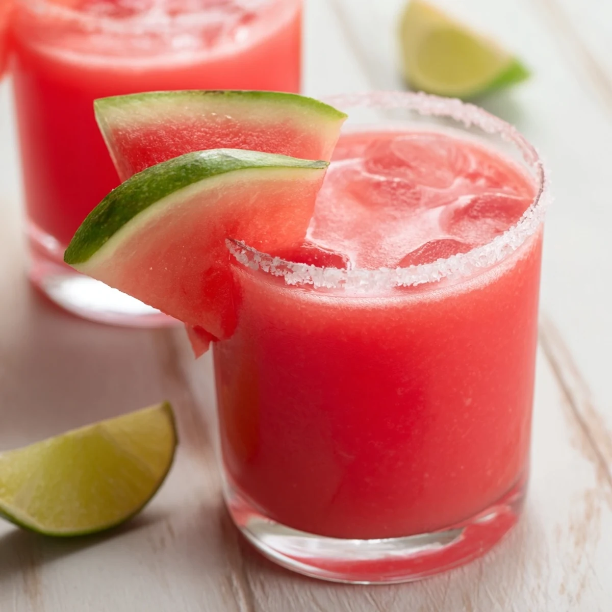Vibrant blended watermelon margarita mocktail poured over ice cubes with lime wheel decoration