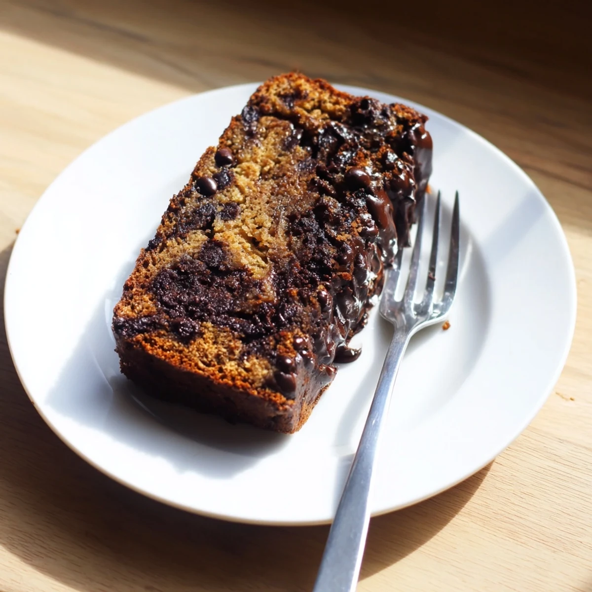 Sliced chocolate espresso banana bread revealing dark chocolate swirls and tender crumb texture