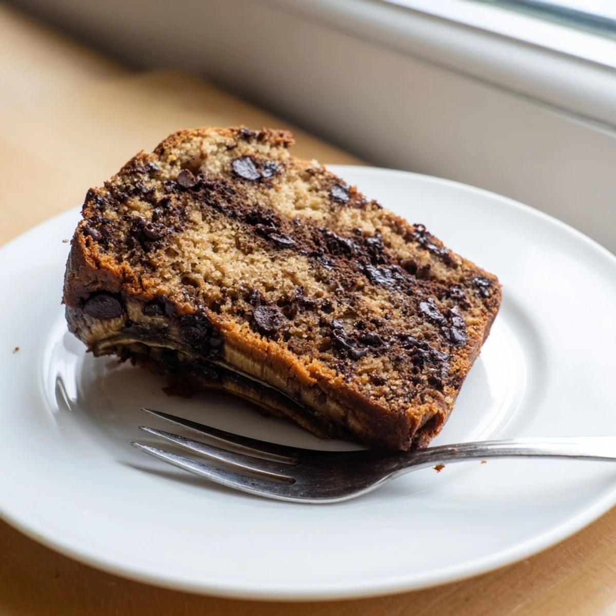 Warm slice of chocolate espresso banana bread served on a plate with coffee scattered nearby