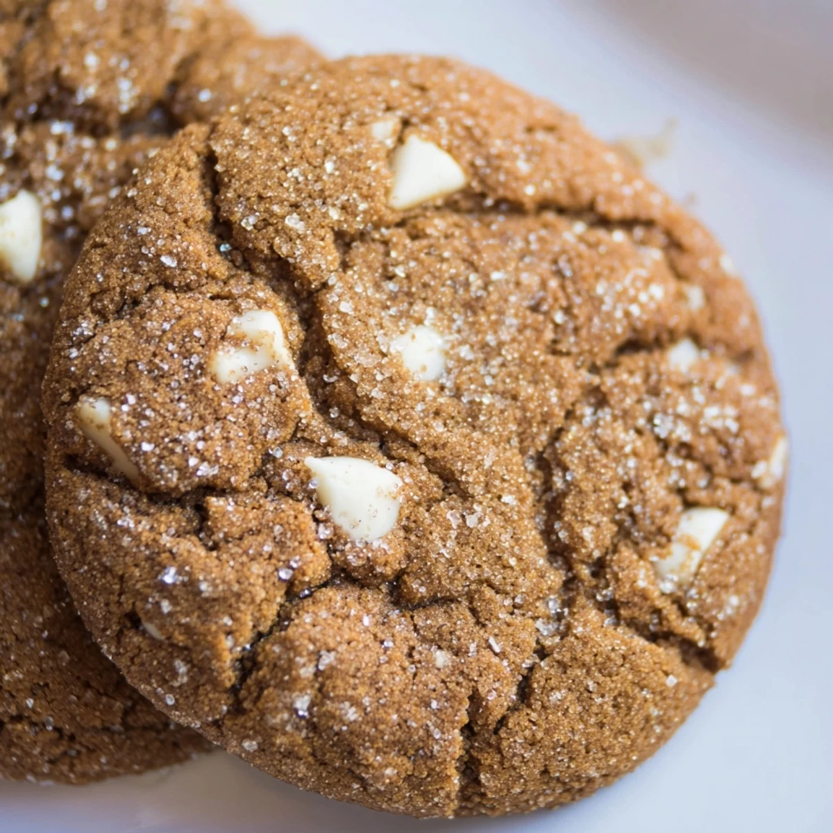 Golden bakery-style gingerbread white chocolate cookies with cracked sugar-coated edges on a cooling rack