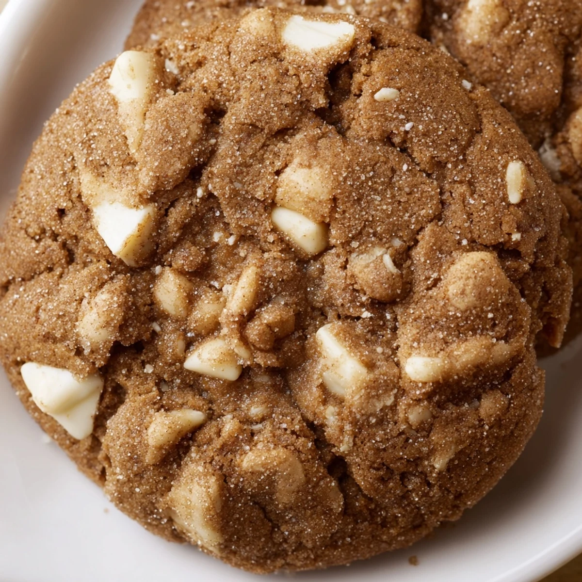 Soft molasses-spiced gingerbread white chocolate cookies studded with creamy chips on a wooden board