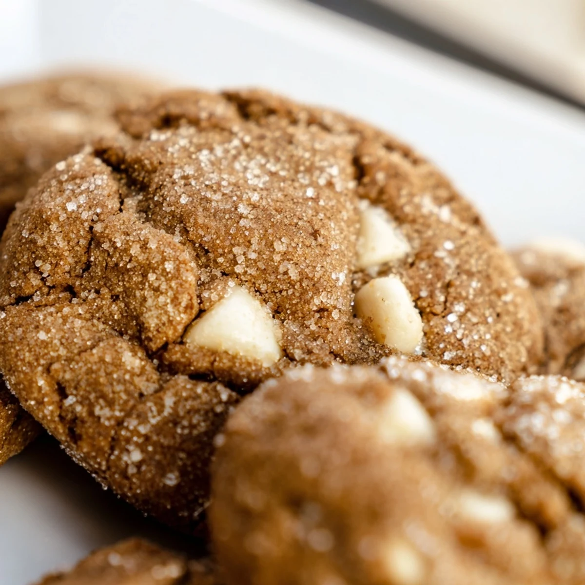 Festive brown gingerbread white chocolate cookies with melted chocolate chunks arranged on a festive platter