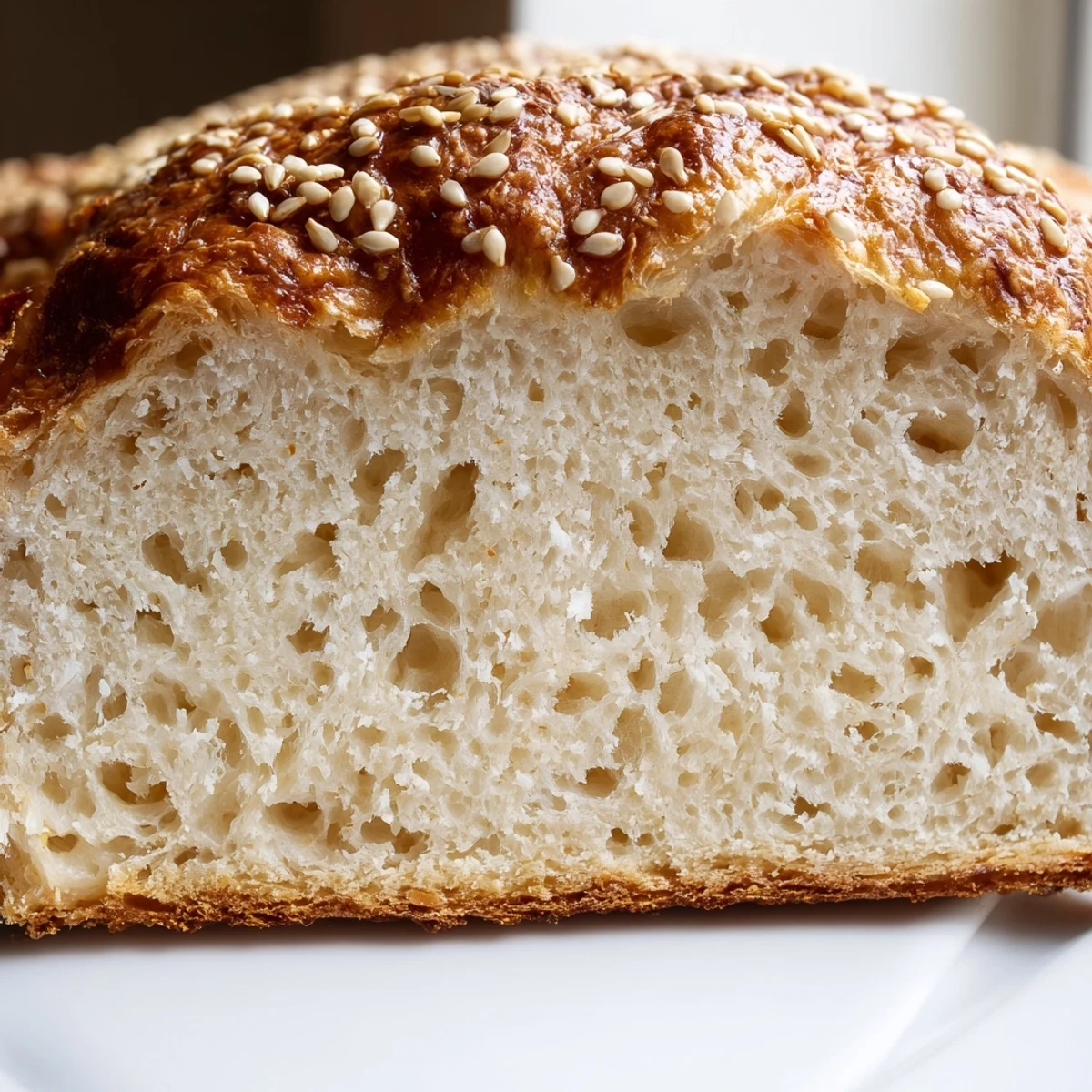 Golden zero carb yogurt bread loaf sliced thick on wooden cutting board with butter melting