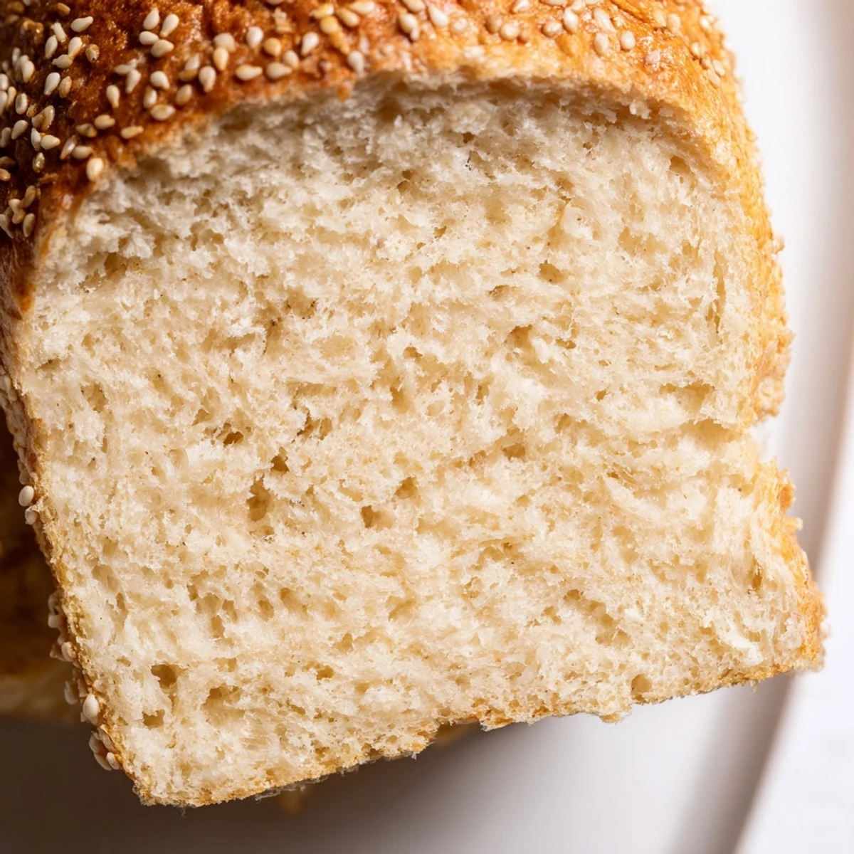 Homemade zero carb yogurt bread cooling in pan with golden crust and sesame seed topping