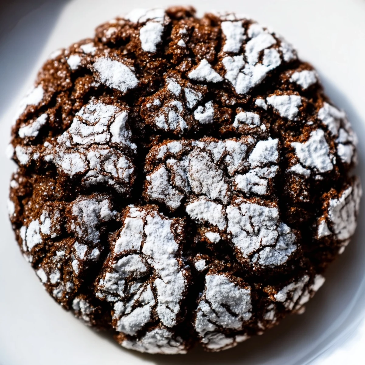 Soft gingerbread crinkle cookies with snowy powdered sugar coating on a white plate.