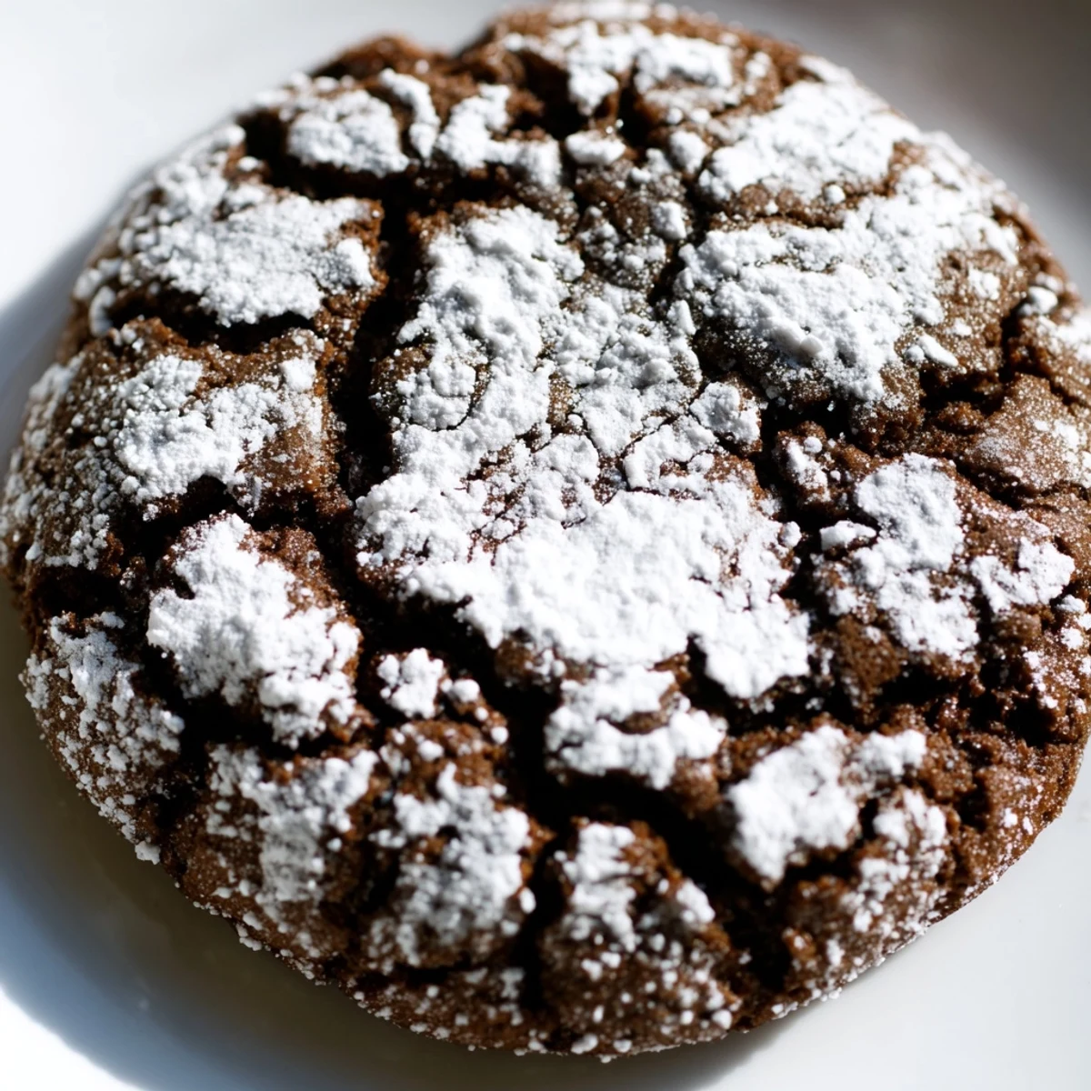 Festive holiday gingerbread crinkle cookies stacked high with white sugar dusting on dark background.