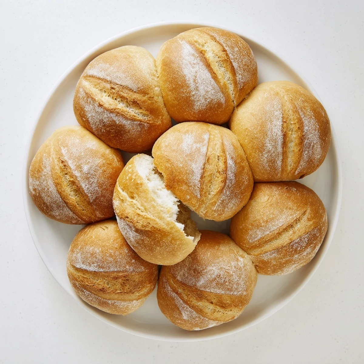 Warm homemade crusty French bread rolls served with melting butter on wooden board
