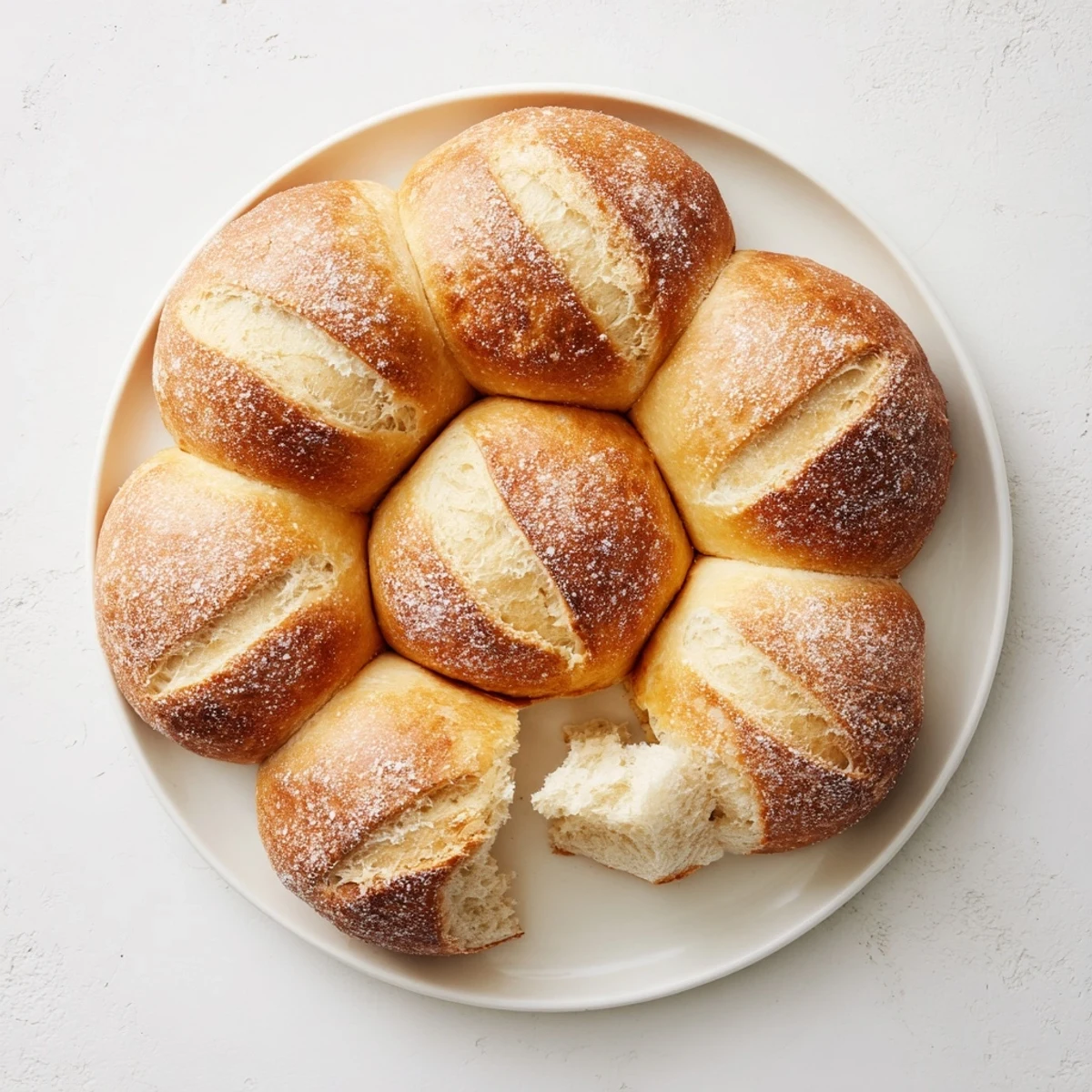 Batch of golden brown crusty French bread rolls arranged on white serving platter