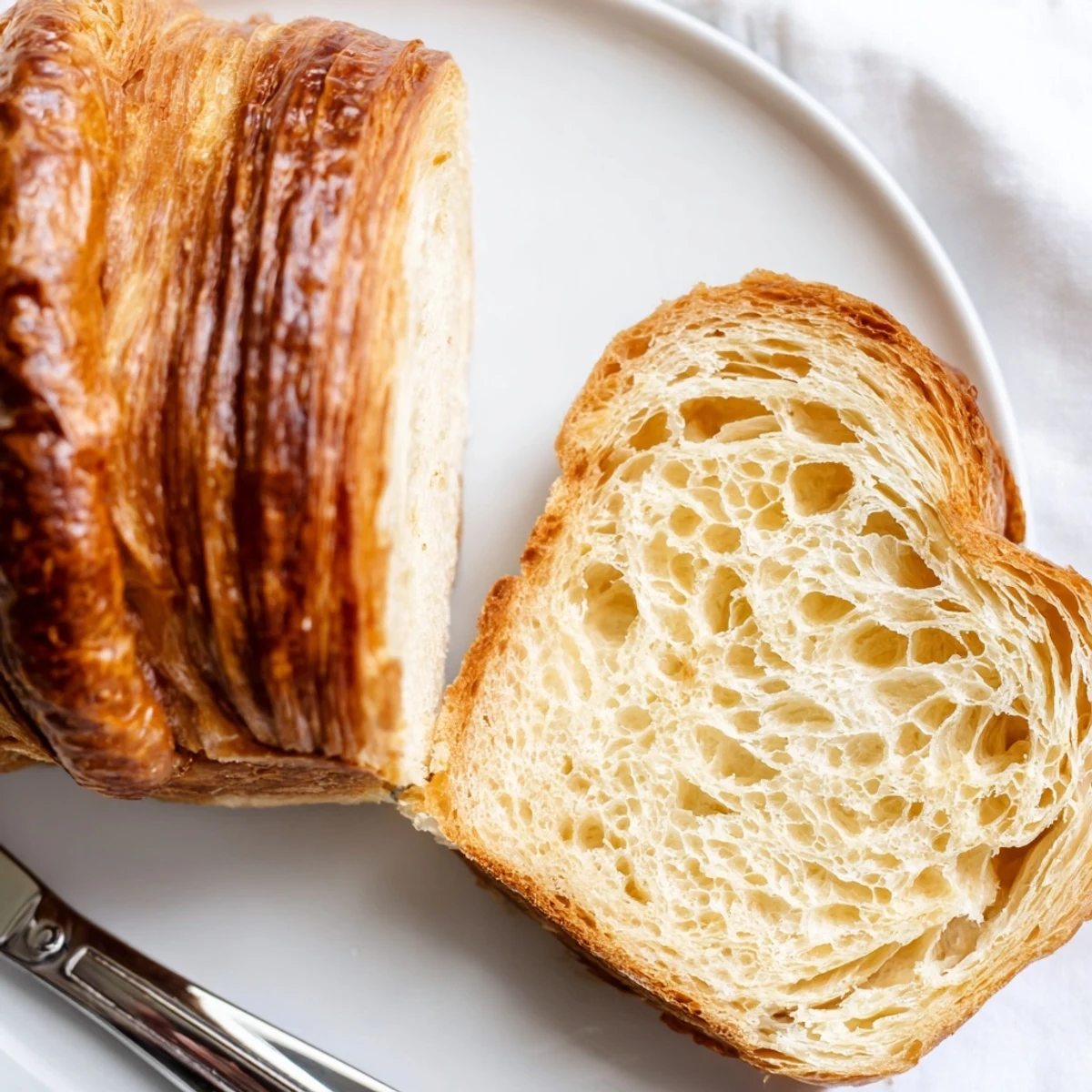 Golden brown homemade croissant bread loaf with flaky layers and glossy egg wash finish