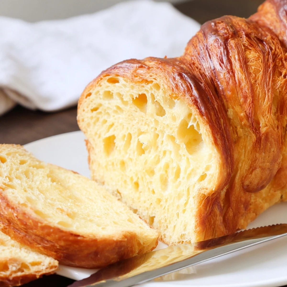 Sliced homemade croissant bread revealing buttery honeycomb layers on a wooden cutting board