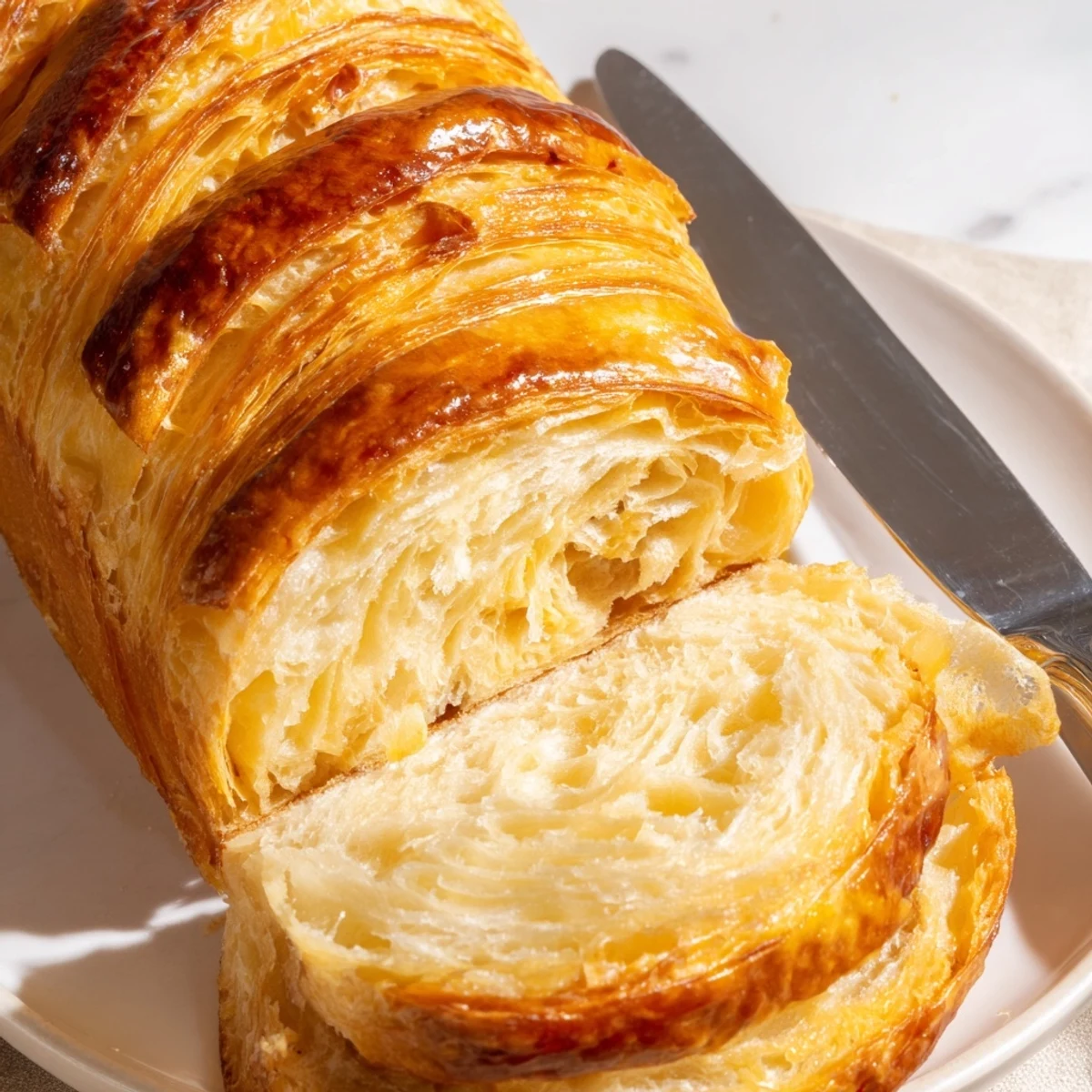 Freshly baked homemade croissant bread cooling on wire rack with soft interior texture visible