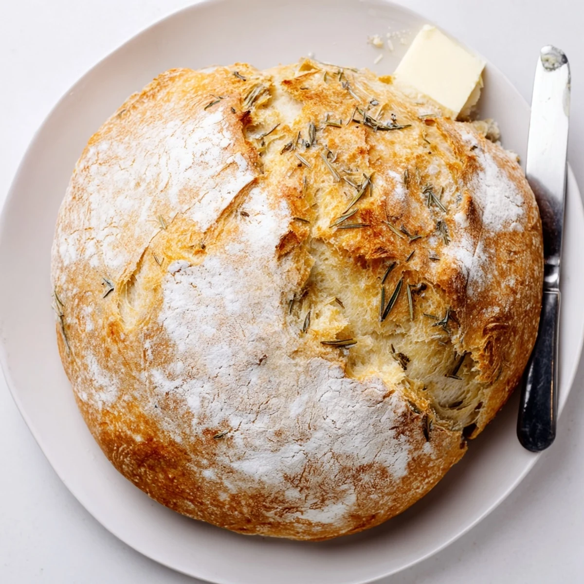 Crusty artisan bread torn open showing soft interior studded with rosemary and garlic