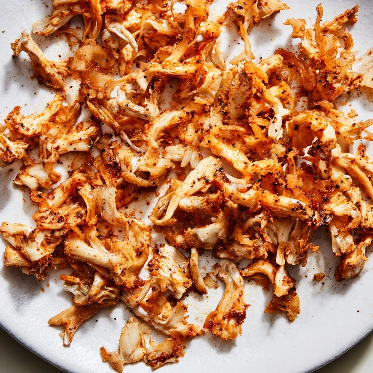 Golden shredded vegan carnitas with mushrooms piled in warm corn tortillas topped with fresh cilantro and diced red onion