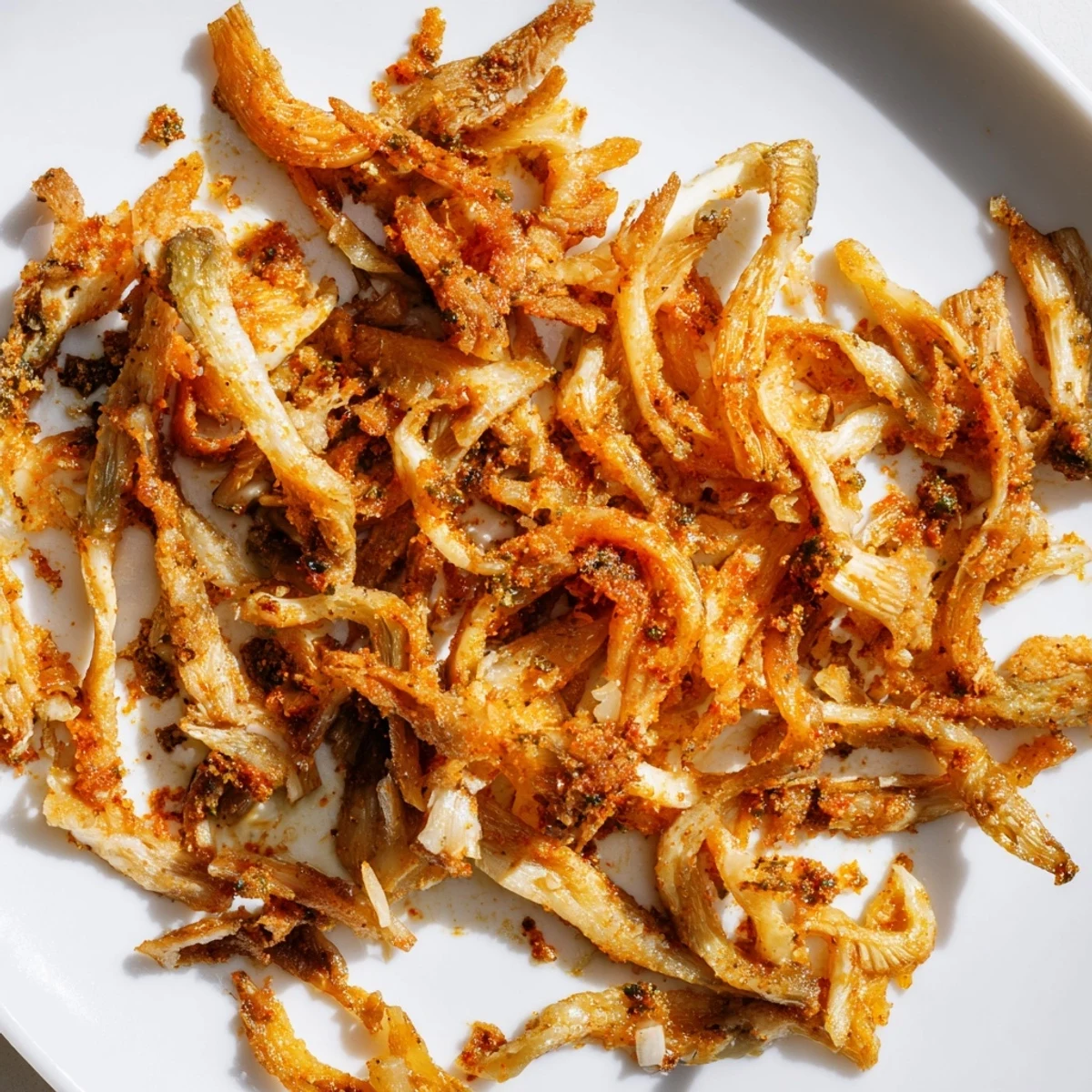 Crispy oven-baked mushroom carnitas seasoned with Mexican spices served on a platter with lime wedges and avocado slices