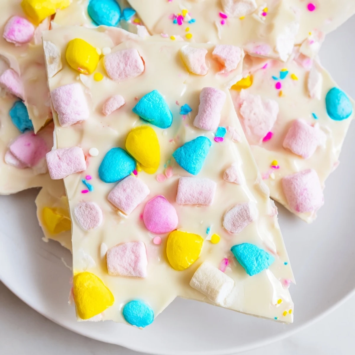 Creamy white chocolate Easter marshmallow bark topped with colorful pastel candy eggs and sprinkles