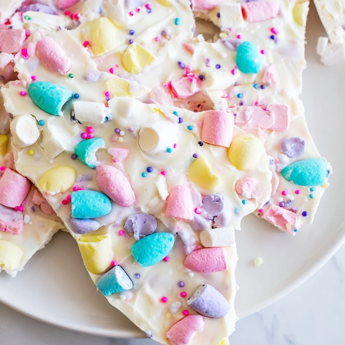 Festive Easter marshmallow bark arranged on serving plate with chopped chocolate eggs and festive sprinkles