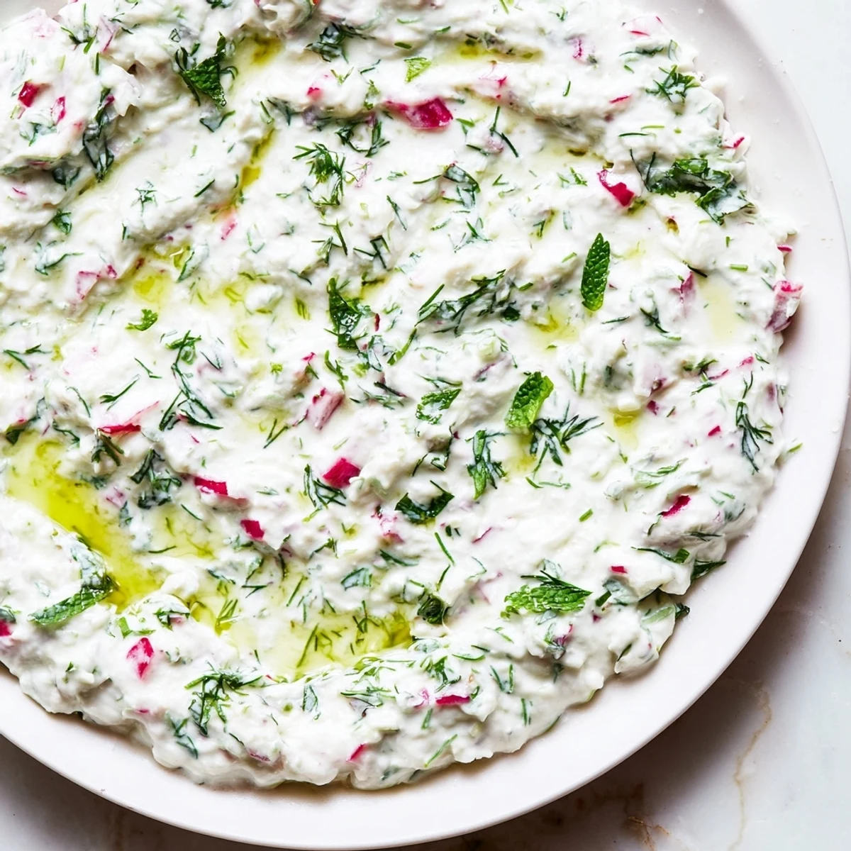Bowl of healthy radish tzatziki dip served with crisp vegetable slices for easy snacking