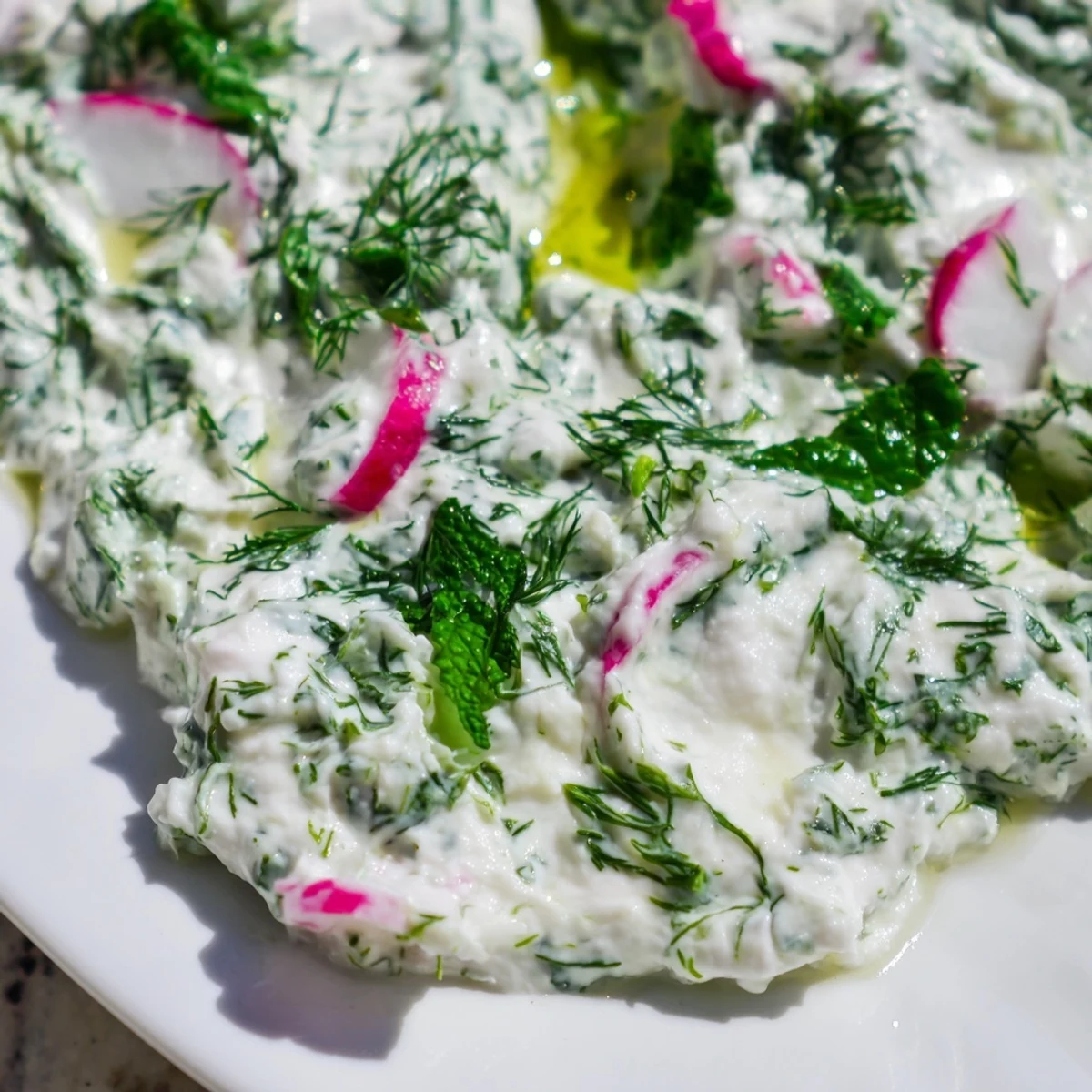 Greek yogurt healthy radish tzatziki dip garnished with herbs and cracked black pepper
