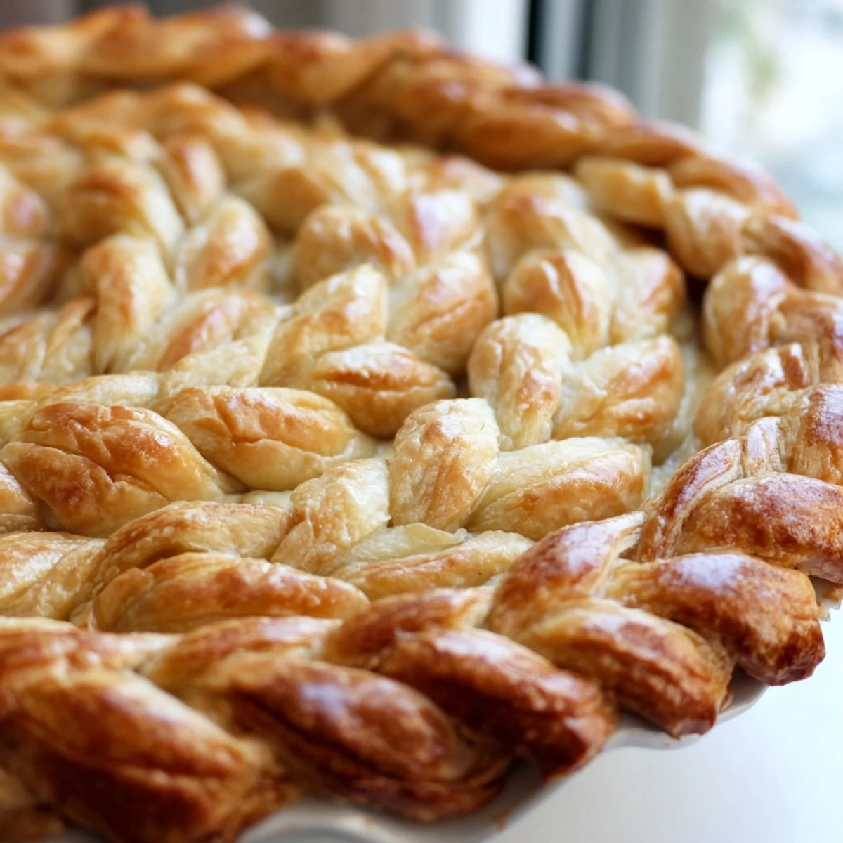 Golden brown fishtail braid pie crust woven around fruit pie with glossy egg wash finish