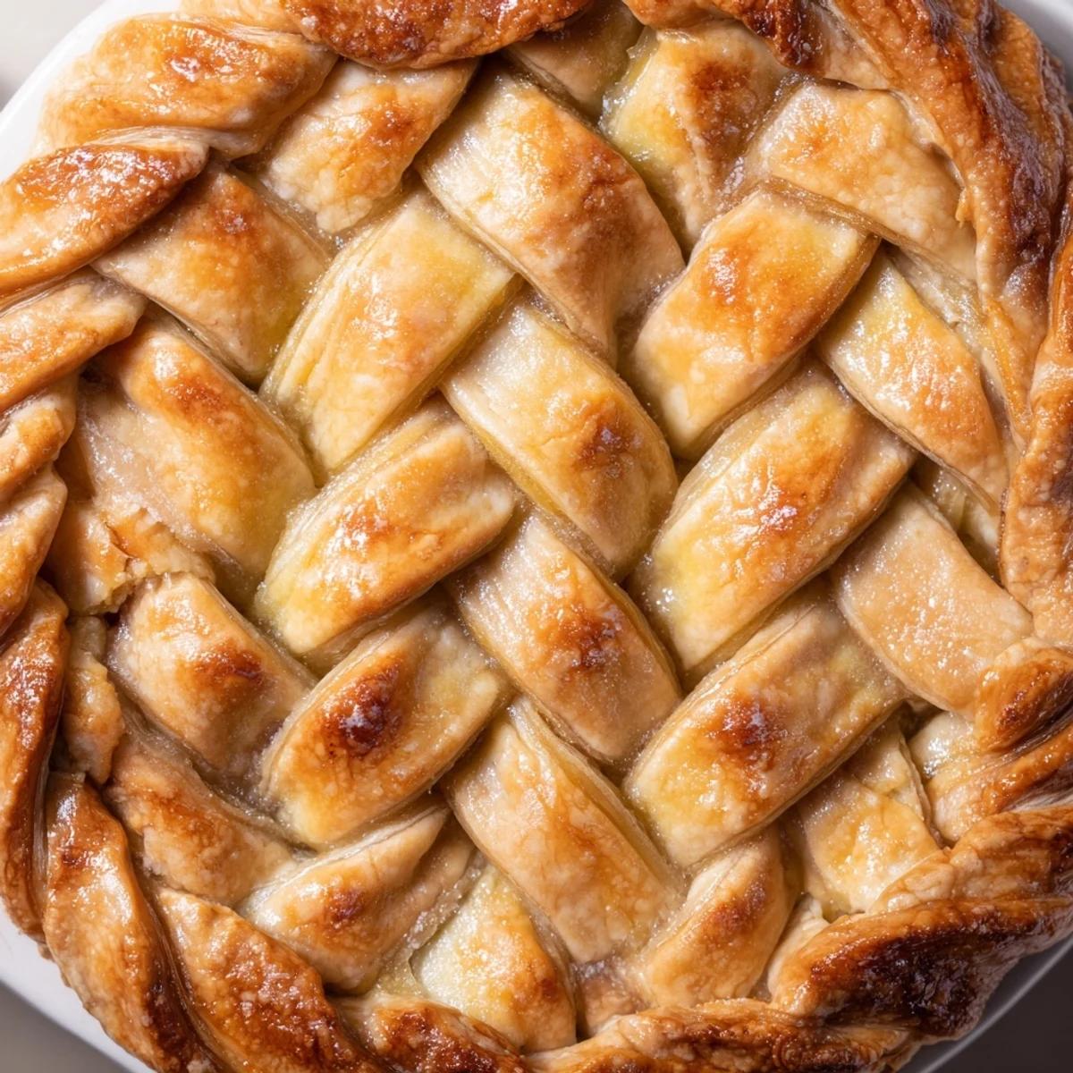 Decorative woven fishtail crust bordering a baked pie with intricate pastry detailing