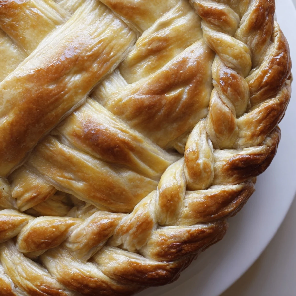 Intricate braided pastry edge decorates a homemade pie with golden flaky texture