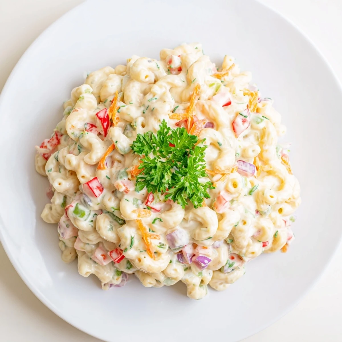 Tangy and creamy macaroni salad topped with fresh parsley beside grilled barbecue favorites