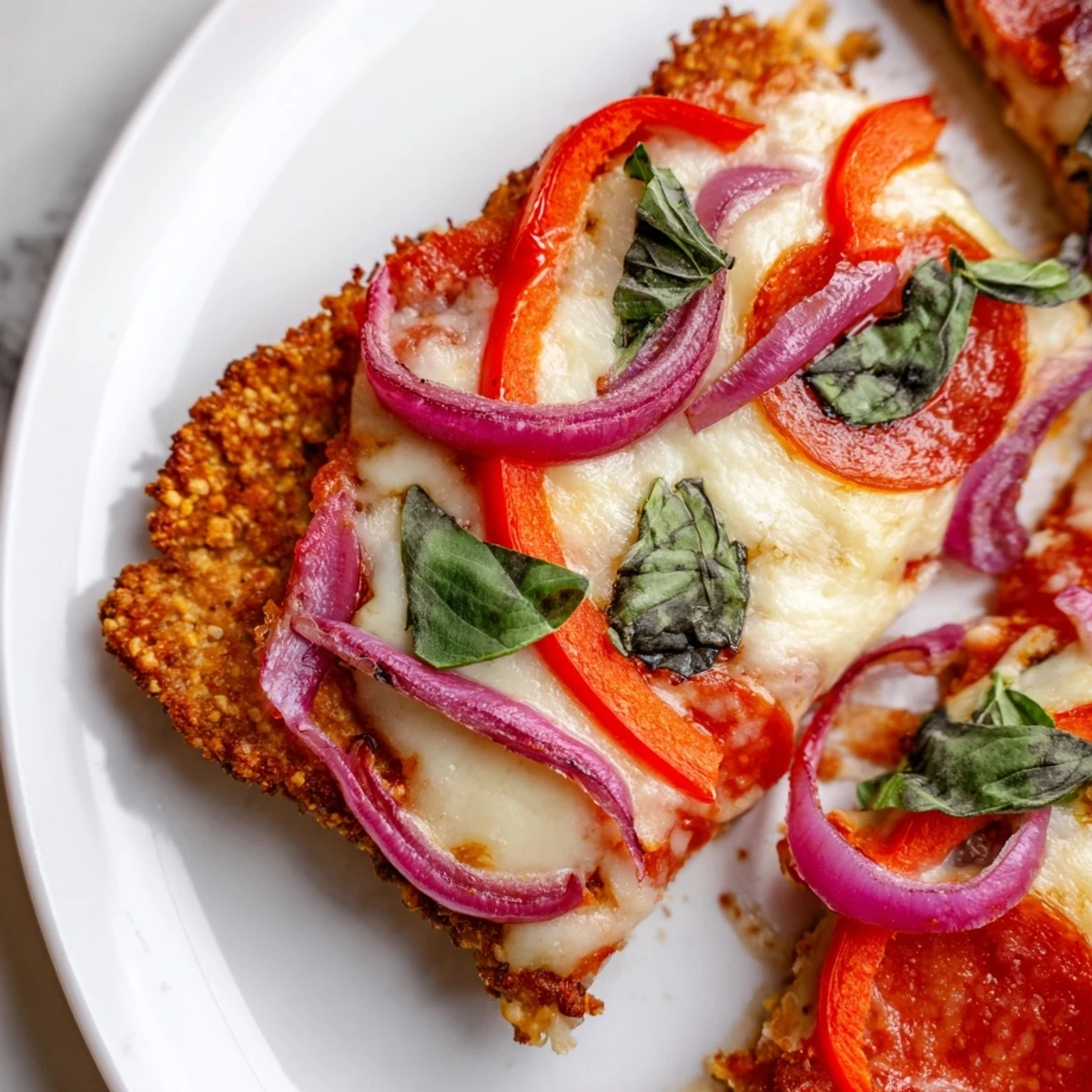 Golden crispy chicken crust pizza topped with bubbling mozzarella and colorful vegetables on a wooden board