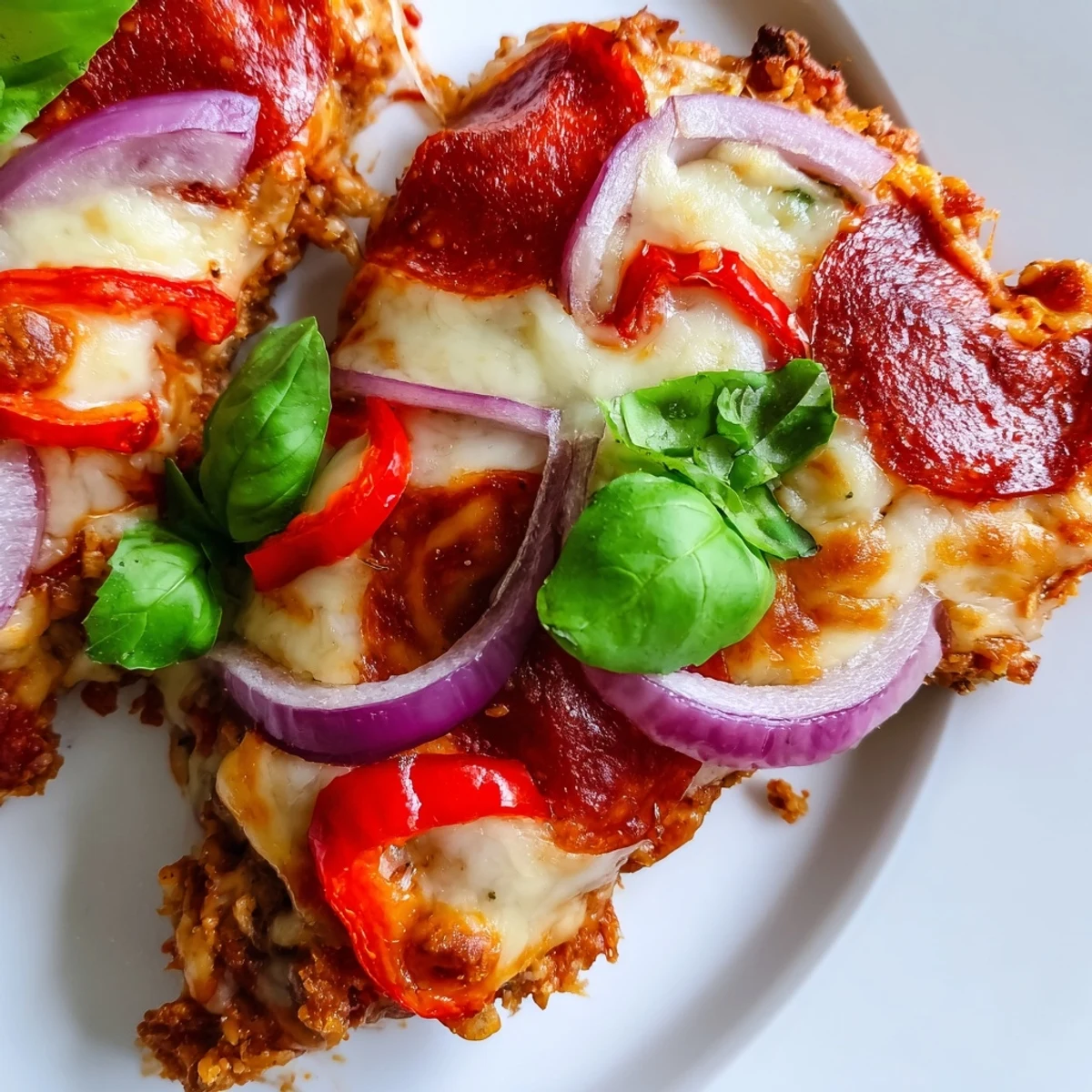 Sliced low carb crispy chicken crust pizza with pepperoni red peppers and fresh basil garnish