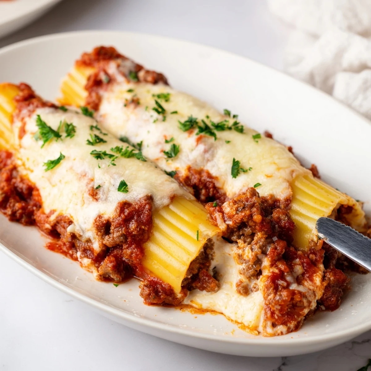 Golden brown cheesy stuffed manicotti noodles smothered in rich homemade meat sauce with melted mozzarella topping