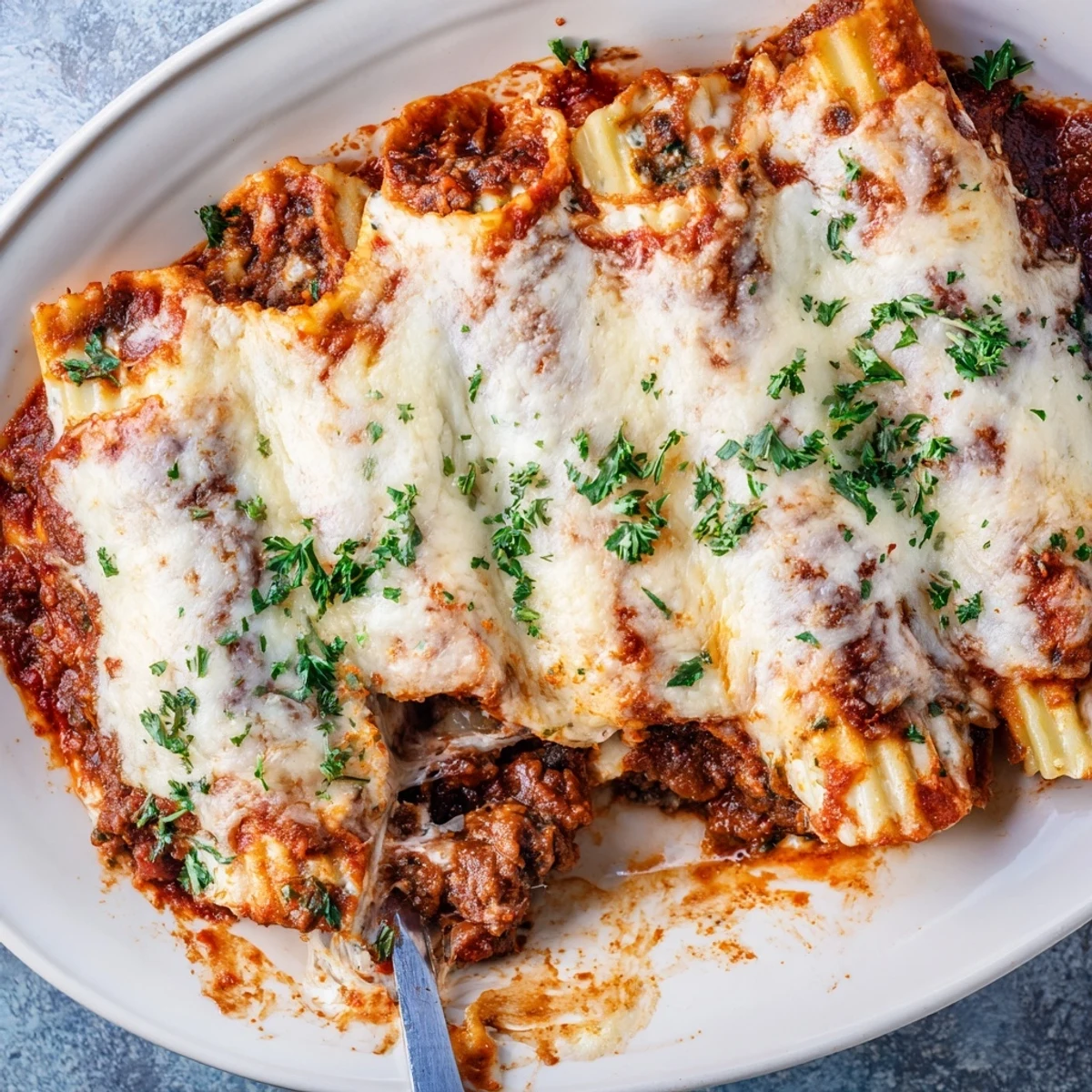 Tender pasta tubes stuffed with three cheese mixture resting on bed of seasoned meat sauce