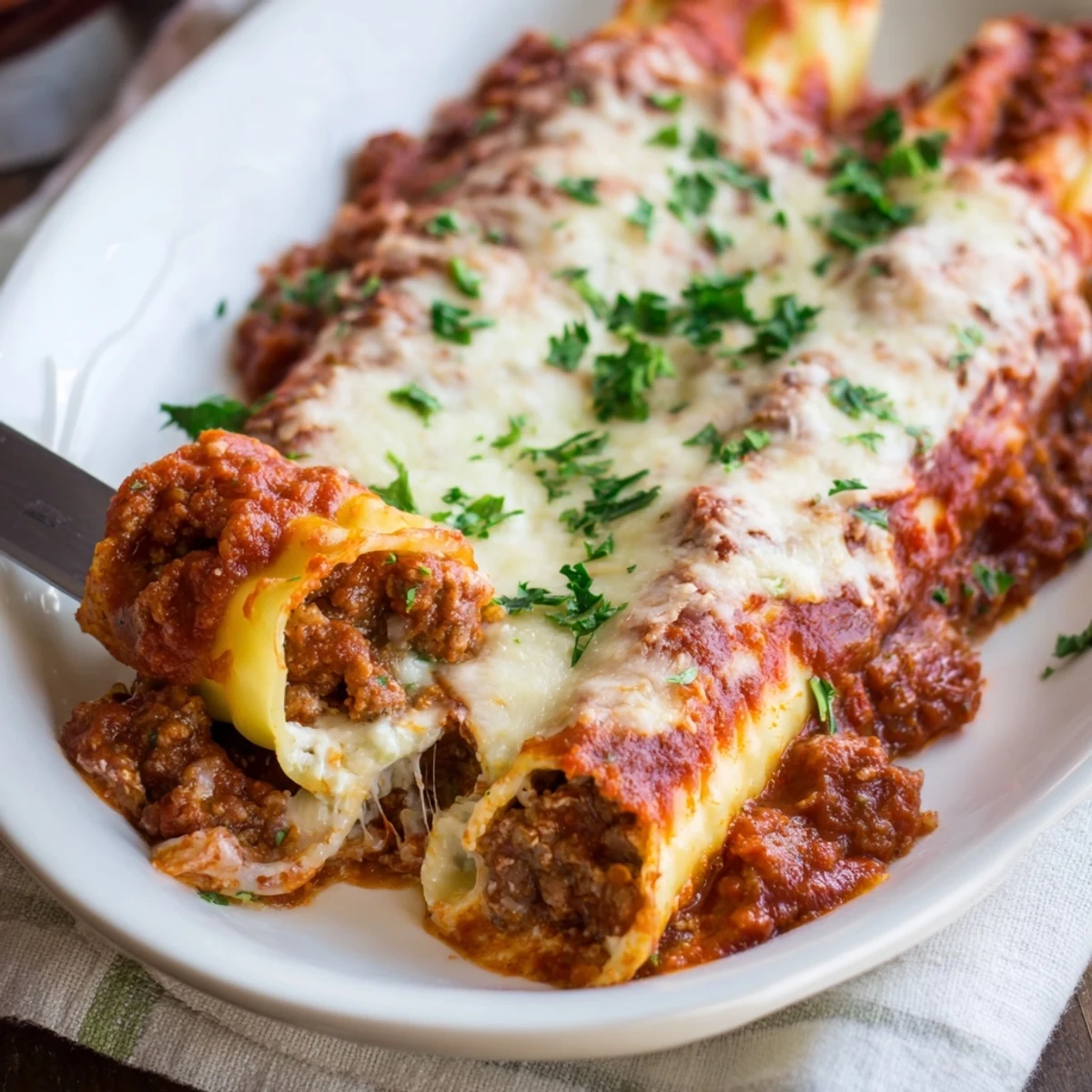 Baked Italian manicotti pasta shells filled with creamy ricotta cheese and savory tomato beef sauce