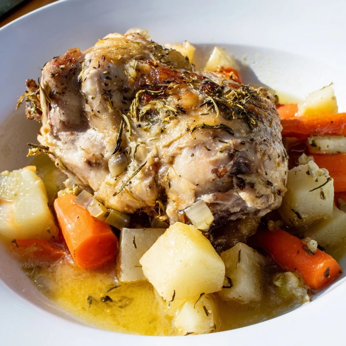 Slow cooker chicken dinner with tender vegetables in savory herb sauce ready to serve