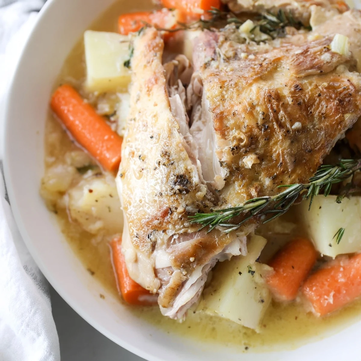 Golden brown chicken thighs nestled among carrots and potatoes in a rustic slow cooker