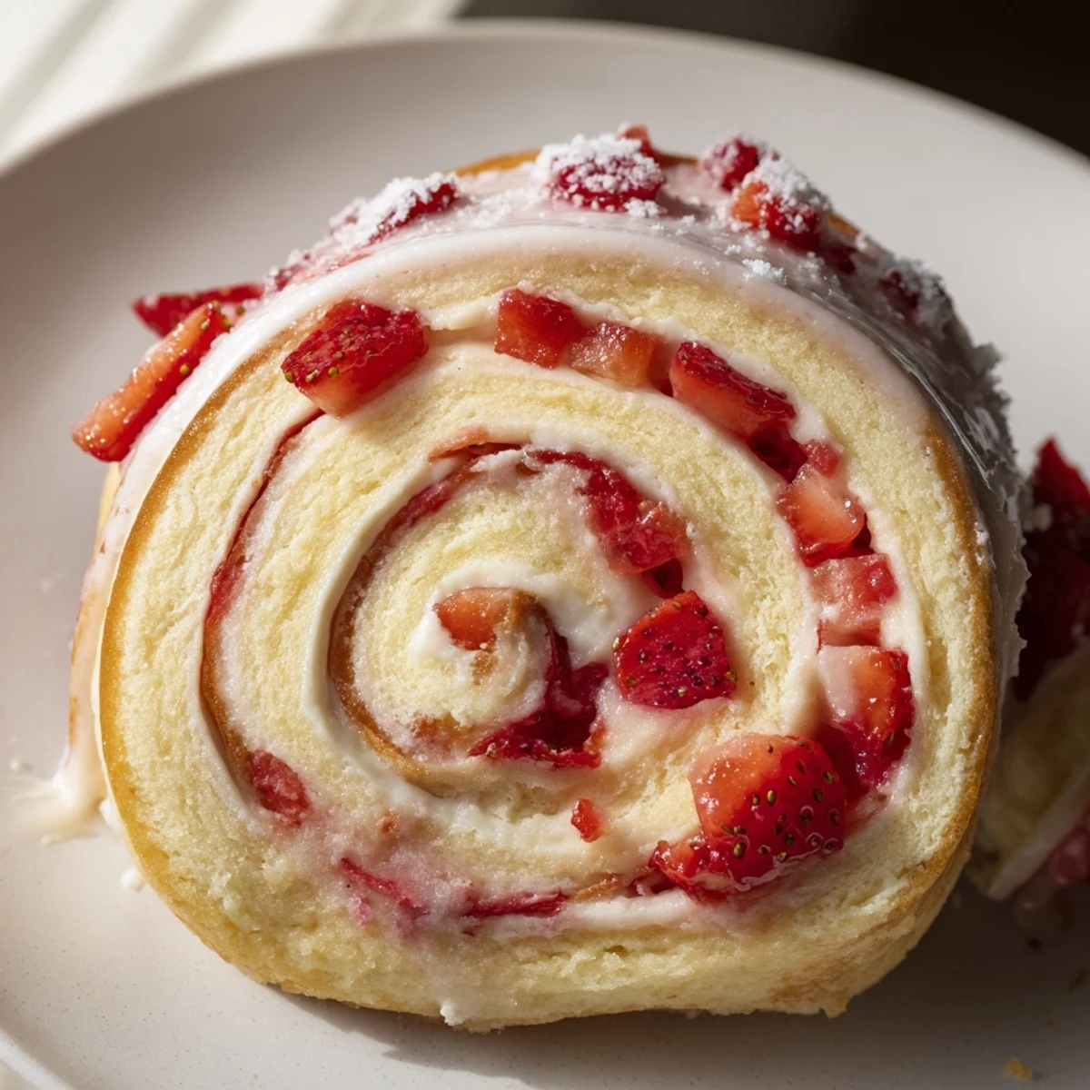 Golden Strawberry Shortcake Cheesecake Rolls drizzled with sweet vanilla glaze on a white plate