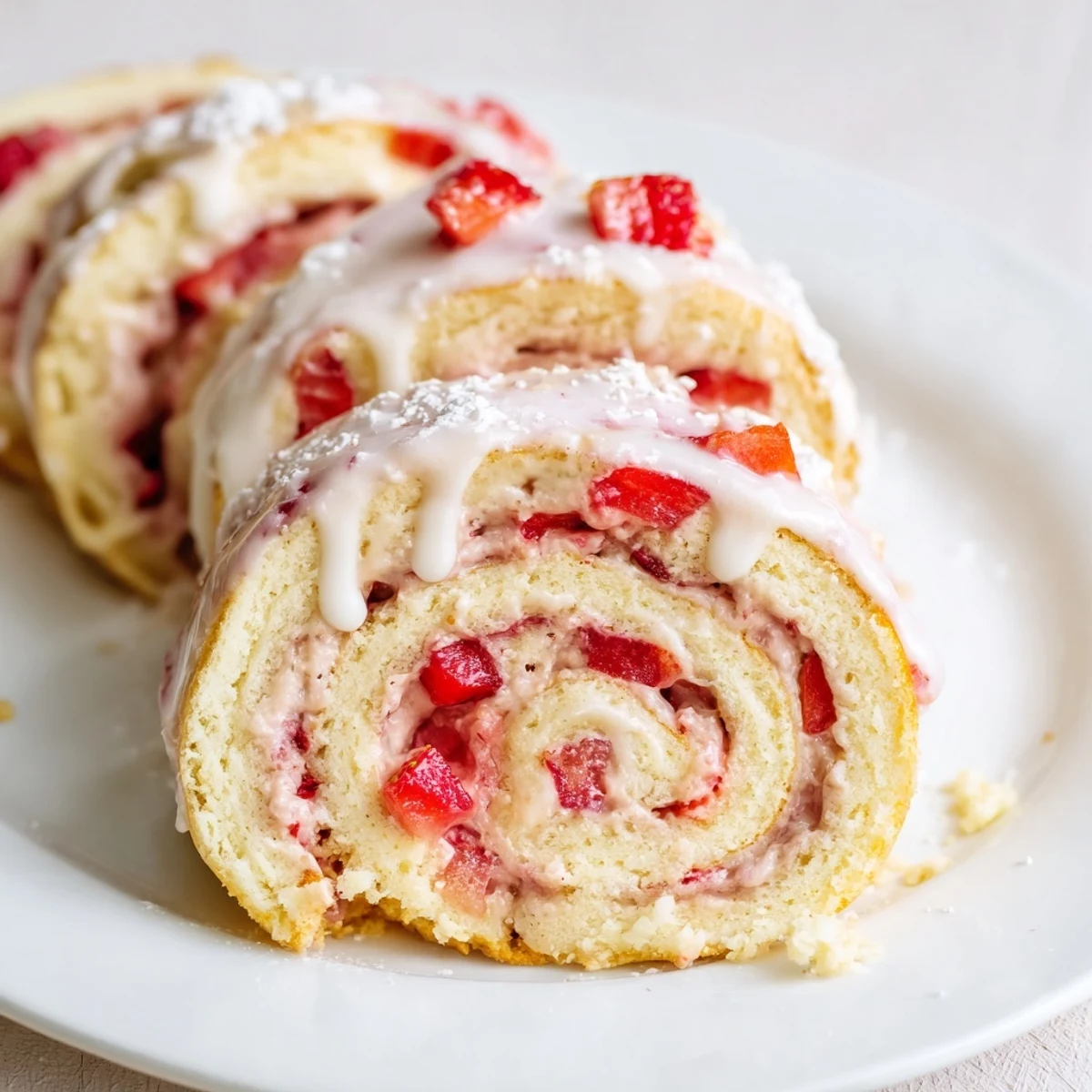 Swirled Strawberry Shortcake Cheesecake Rolls with creamy filling and bright red berries in baking dish
